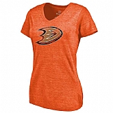 Women's Anaheim Ducks Distressed Team Primary Logo V Neck Tri Blend T-Shirt Orange FengYun